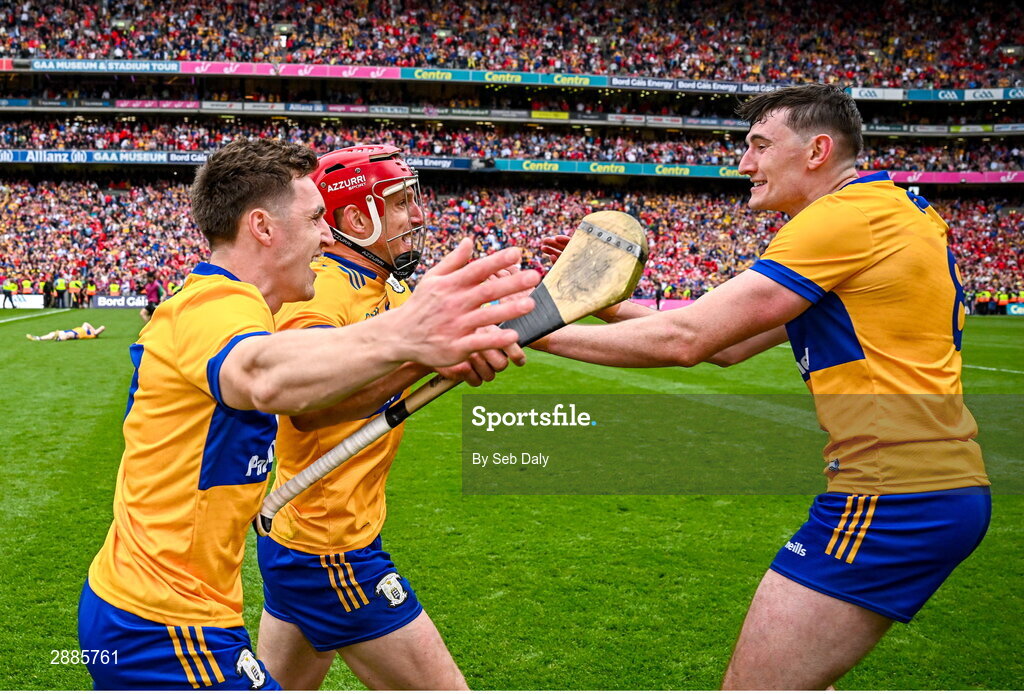 21 July 2024; Clare players, from left, Rory Hayes, John Conlon and David Fitzgerald celebrate after their side's victory in the GAA Hurling All-Ireland Senior Championship Final match between Clare and Cork at Croke Park in Dublin. Photo by Seb Daly/Sportsfile
