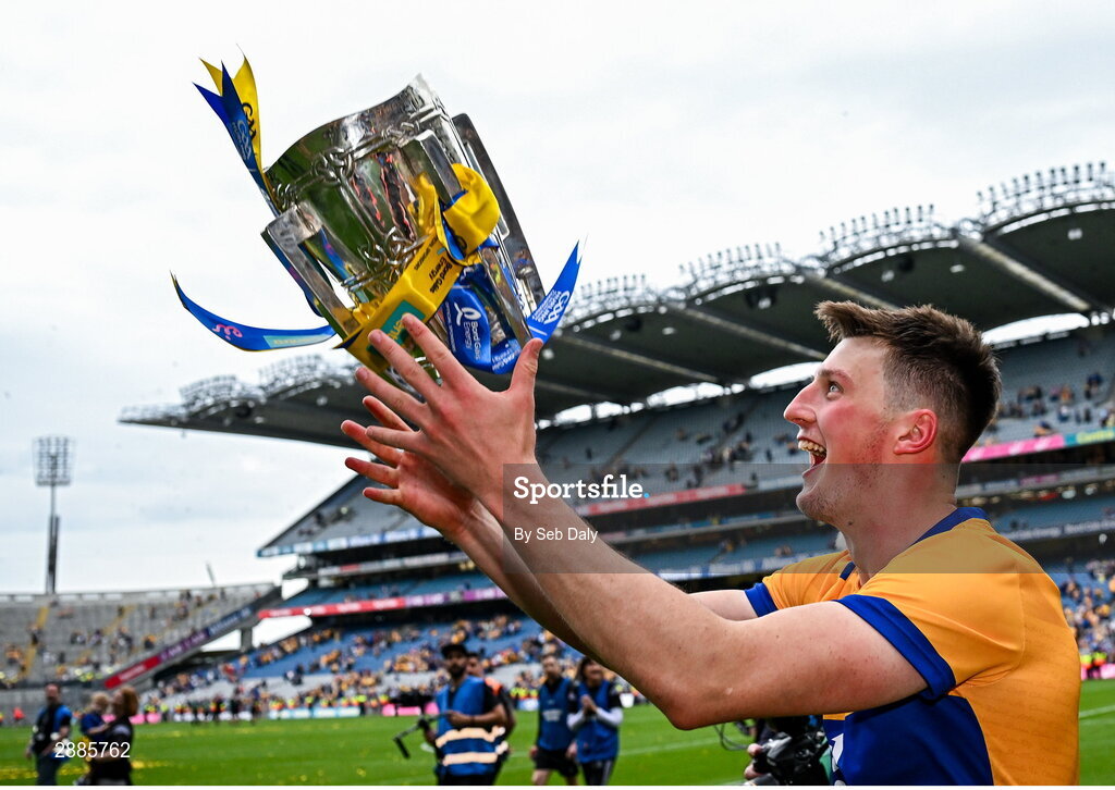 21 July 2024; Diarmuid Ryan of Clare celebrates with the Liam MacCarthy Cup after his side's victory in the GAA Hurling All-Ireland Senior Championship Final match between Clare and Cork at Croke Park in Dublin. Photo by Seb Daly/Sportsfile