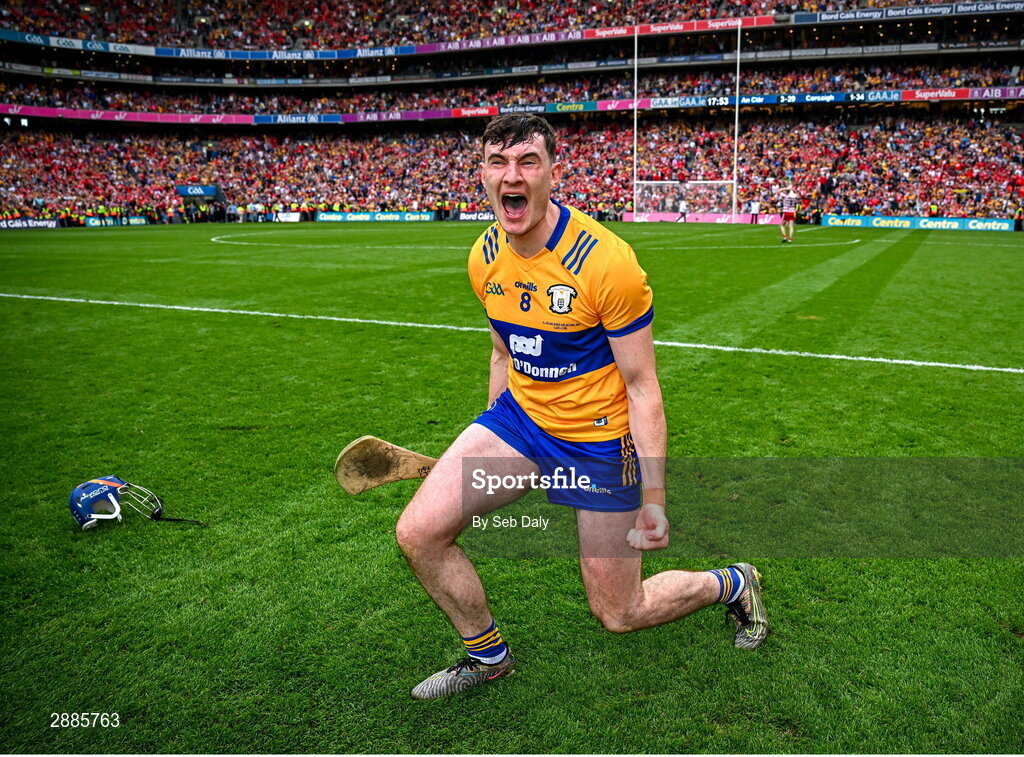 21 July 2024; David Fitzgerald of Clare celebrates at the final whistle after his side's victory in the GAA Hurling All-Ireland Senior Championship Final match between Clare and Cork at Croke Park in Dublin. Photo by Seb Daly/Sportsfile