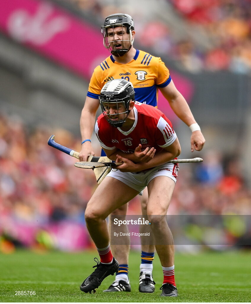 21 July 2024; Tony Kelly of Clare and Ger Mellerick of Cork tussle during the GAA Hurling All-Ireland Senior Championship Final between Clare and Cork at Croke Park in Dublin. Photo by David Fitzgerald/Sportsfile