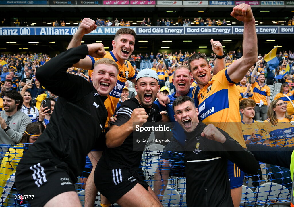 21 July 2024; Clare players celebrate with supporters after the GAA Hurling All-Ireland Senior Championship Final between Clare and Cork at Croke Park in Dublin. Photo by David Fitzgerald/Sportsfile
