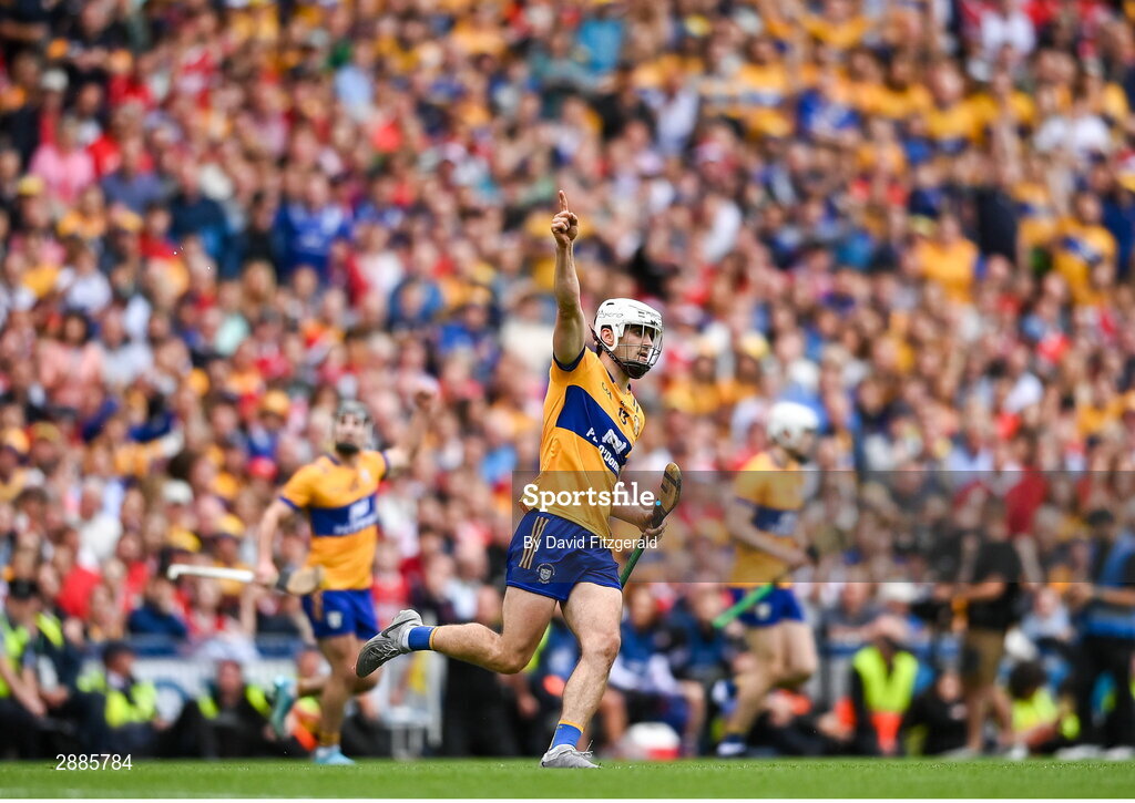 21 July 2024; Aidan McCarthy of Clare celebrates a late score during the GAA Hurling All-Ireland Senior Championship Final between Clare and Cork at Croke Park in Dublin. Photo by David Fitzgerald/Sportsfile