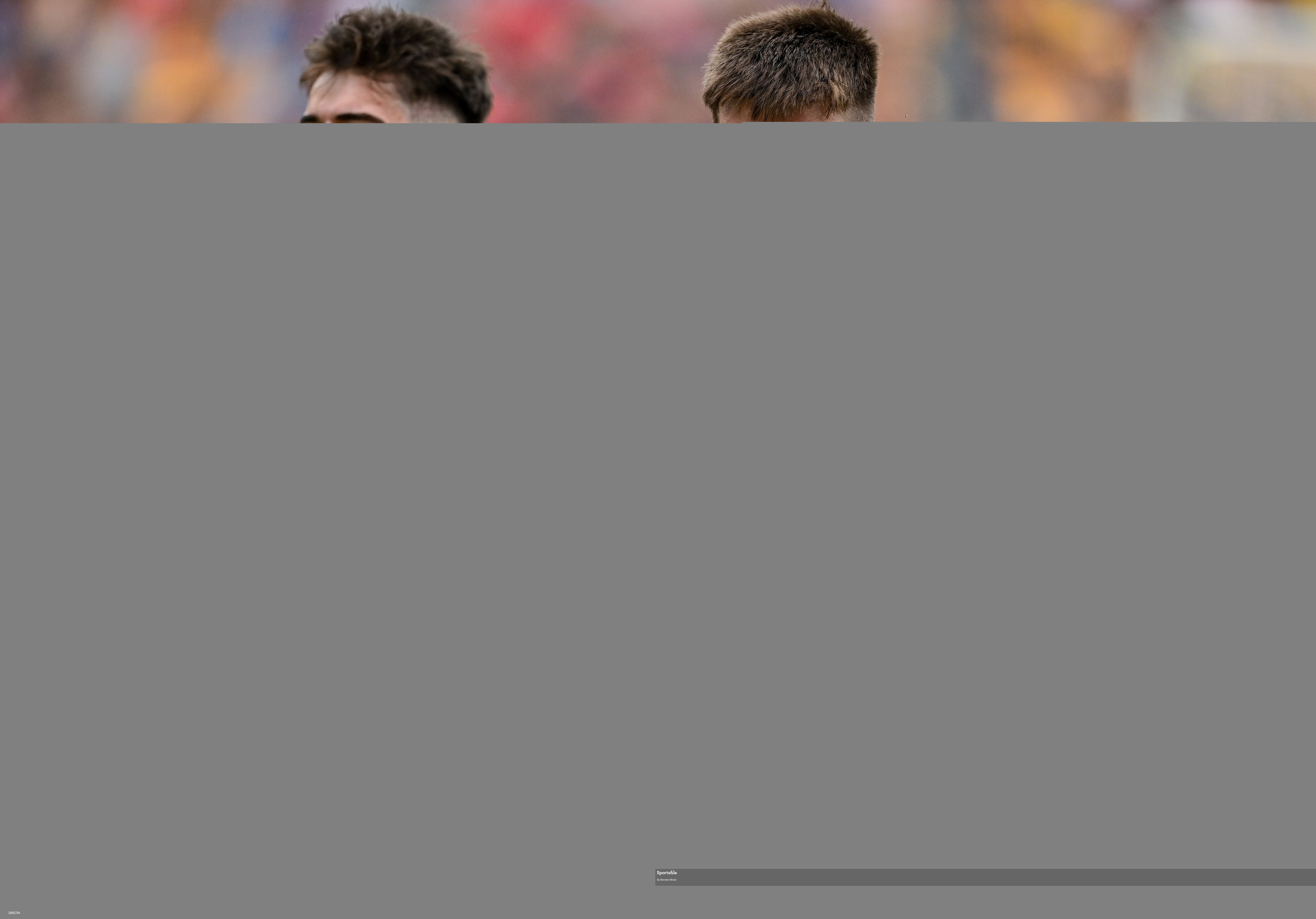 21 July 2024; Diarmuid Ryan, right, and Cian Broderick of Clare celebrate after the GAA Hurling All-Ireland Senior Championship Final between Clare and Cork at Croke Park in Dublin. Photo by Brendan Moran/Sportsfile