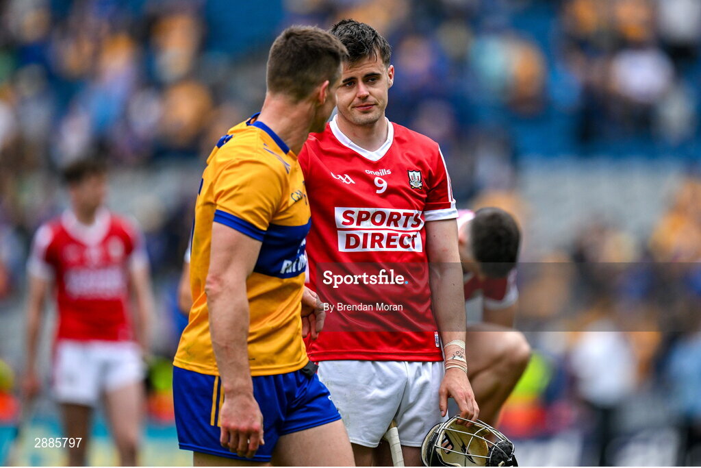 21 July 2024; Darragh Fitzgibbon of Cork is consoled by John Conlon of Clare after the GAA Hurling All-Ireland Senior Championship Final between Clare and Cork at Croke Park in Dublin. Photo by Brendan Moran/Sportsfile