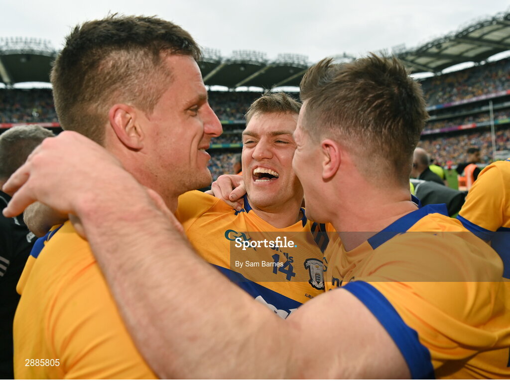 21 July 2024; Shane O'Donnell of Clare, centre, celebrates with team-mates after their side's victory in the GAA Hurling All-Ireland Senior Championship Final between Clare and Cork at Croke Park in Dublin. Photo by Sam Barnes/Sportsfile