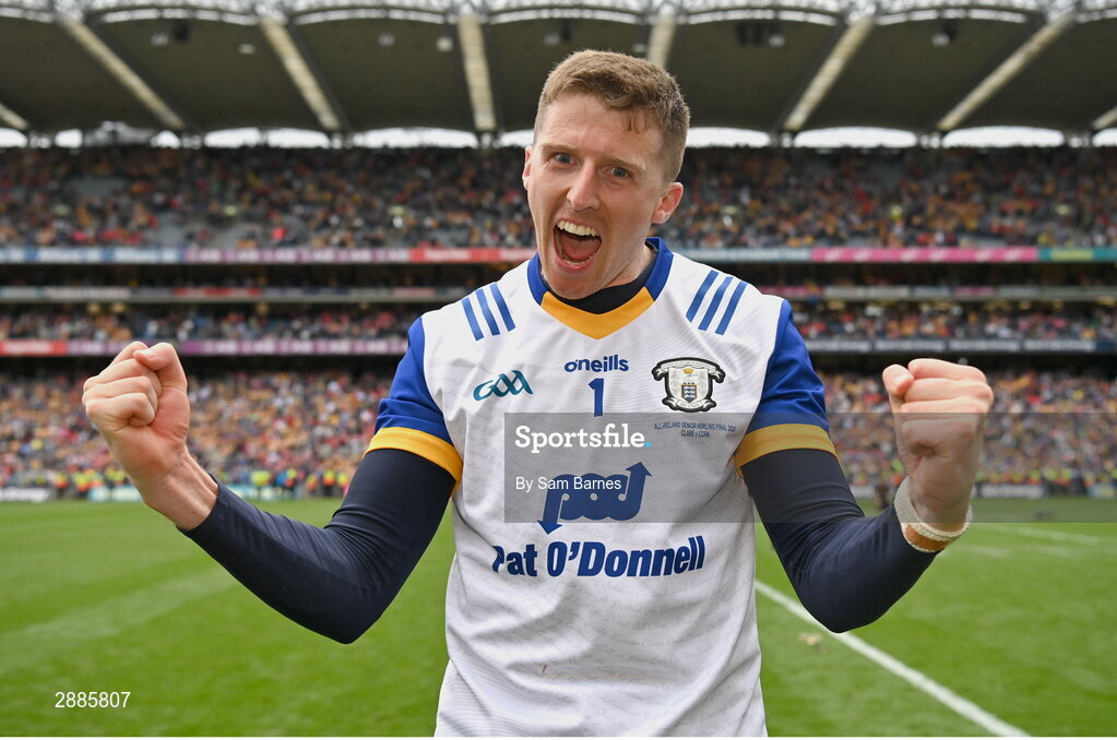 21 July 2024; Clare goalkeeper Eibhear Quilligan celebrates after his side's victory in the GAA Hurling All-Ireland Senior Championship Final between Clare and Cork at Croke Park in Dublin. Photo by Sam Barnes/Sportsfile