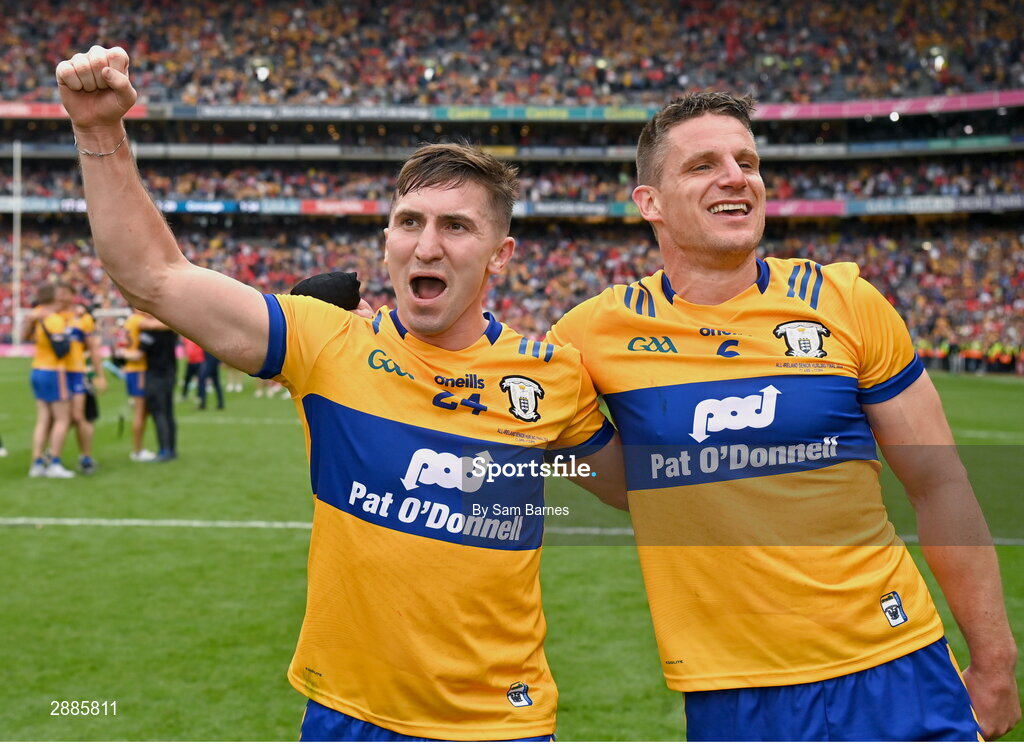 21 July 2024; Clare players Ian Galvin, left, and John Conlon celebrate after their side's victory in the GAA Hurling All-Ireland Senior Championship Final between Clare and Cork at Croke Park in Dublin. Photo by Sam Barnes/Sportsfile