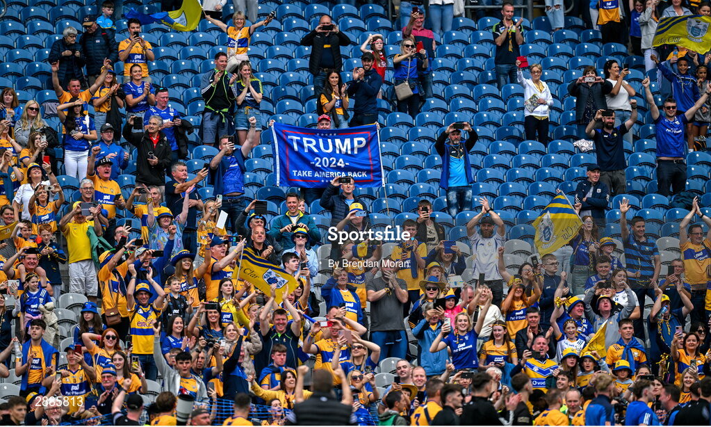 21 July 2024; A Donald Trump supporter, among Clare supporters, after the GAA Hurling All-Ireland Senior Championship Final between Clare and Cork at Croke Park in Dublin. Photo by Brendan Moran/Sportsfile