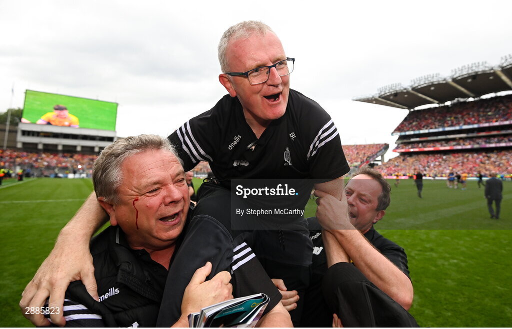 21 July 2024; Clare manager Brian Lohan celebrates after winning the GAA Hurling All-Ireland Senior Championship Final between Clare and Cork at Croke Park in Dublin. Photo by Stephen McCarthy/Sportsfile