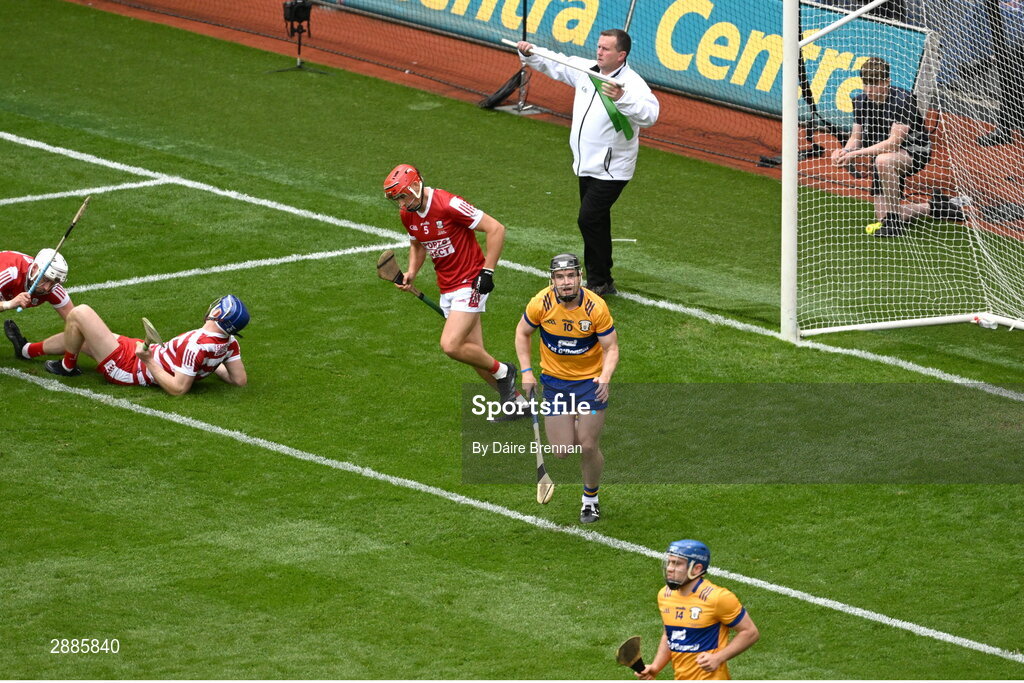 21 July 2024; Tony Kelly of Clare celebrates after scoring his side's third goal during the GAA Hurling All-Ireland Senior Championship Final between Clare and Cork at Croke Park in Dublin. Photo by Daire Brennan/Sportsfile