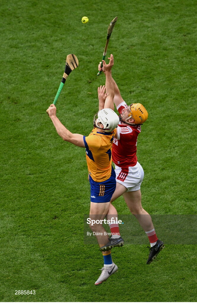 21 July 2024; Aidan McCarthy of Clare in action against Niall O'Leary of Cork during the GAA Hurling All-Ireland Senior Championship Final between Clare and Cork at Croke Park in Dublin. Photo by Daire Brennan/Sportsfile