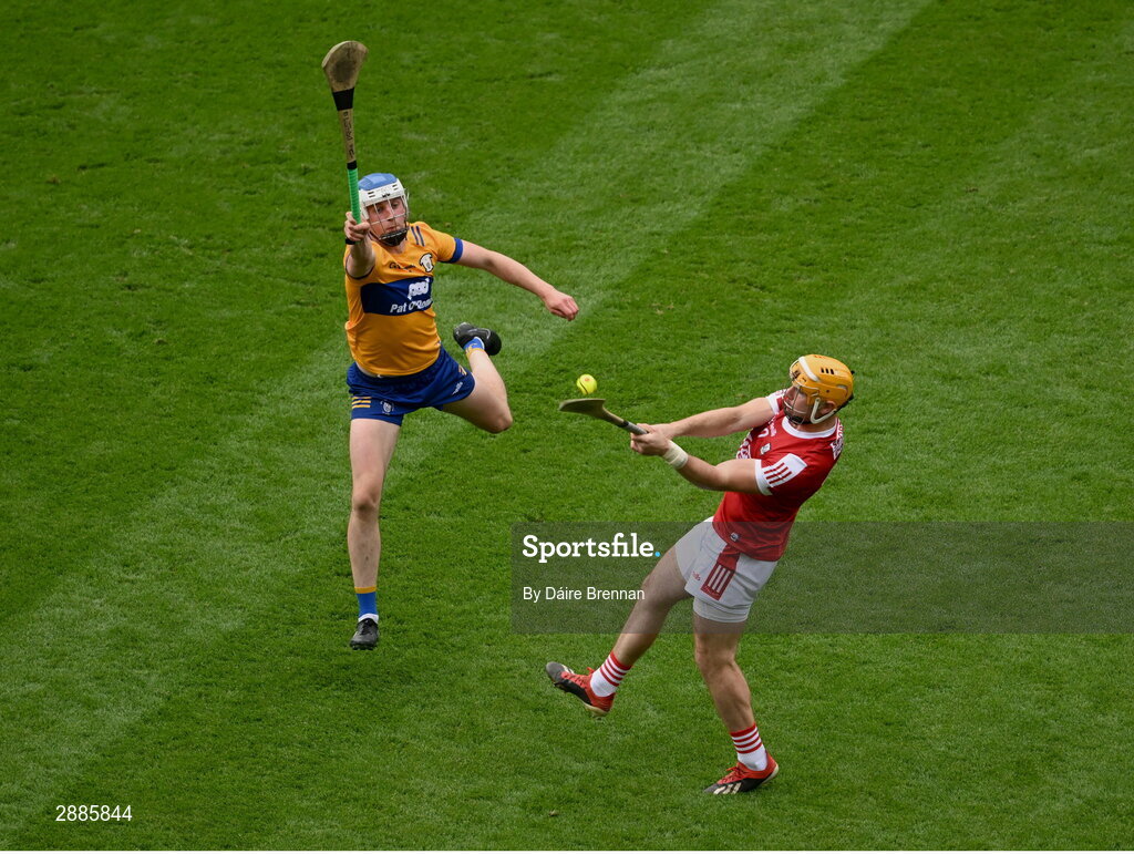 21 July 2024; Declan Dalton of Cork in action against Diarmuid Ryan of Clare during the GAA Hurling All-Ireland Senior Championship Final between Clare and Cork at Croke Park in Dublin. Photo by Daire Brennan/Sportsfile
