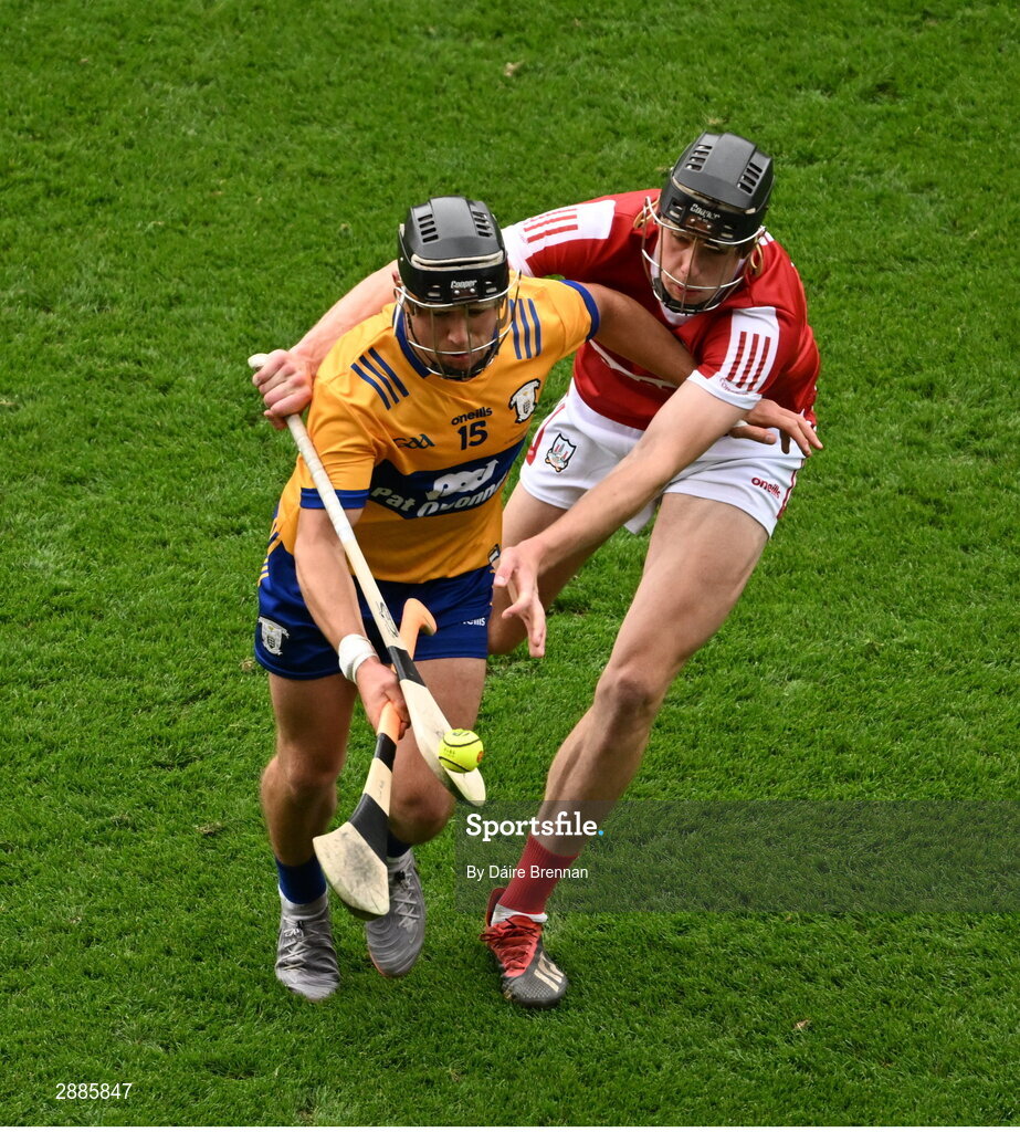 21 July 2024; David Reidy of Clare in action against Robert Downey of Cork during the GAA Hurling All-Ireland Senior Championship Final between Clare and Cork at Croke Park in Dublin. Photo by Daire Brennan/Sportsfile