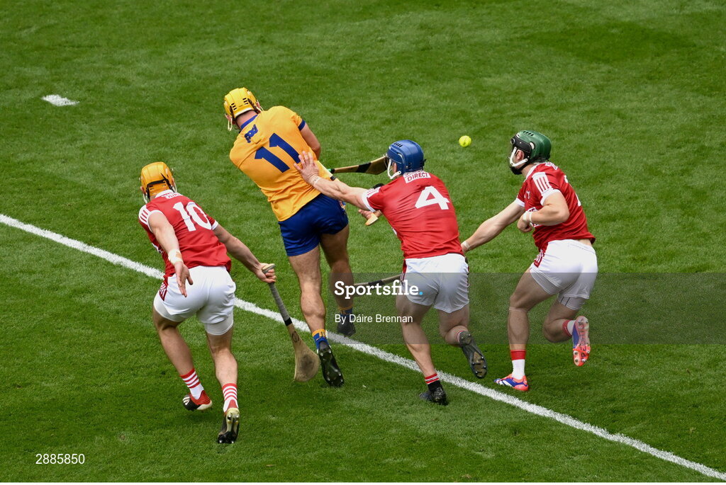 21 July 2024; Mark Rodgers of Clare scores his side's second goal during the GAA Hurling All-Ireland Senior Championship Final between Clare and Cork at Croke Park in Dublin. Photo by Daire Brennan/Sportsfile