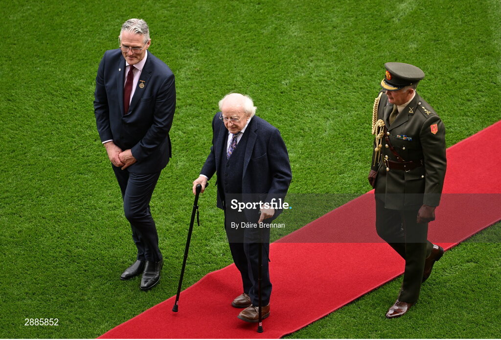 21 July 2024; Uachtarán Chumann Lúthchleas Gael Jarlath Burns and Uachtarán na hÉireann Michael D Higgins ahead of the GAA Hurling All-Ireland Senior Championship Final between Clare and Cork at Croke Park in Dublin. Photo by Daire Brennan/Sportsfile