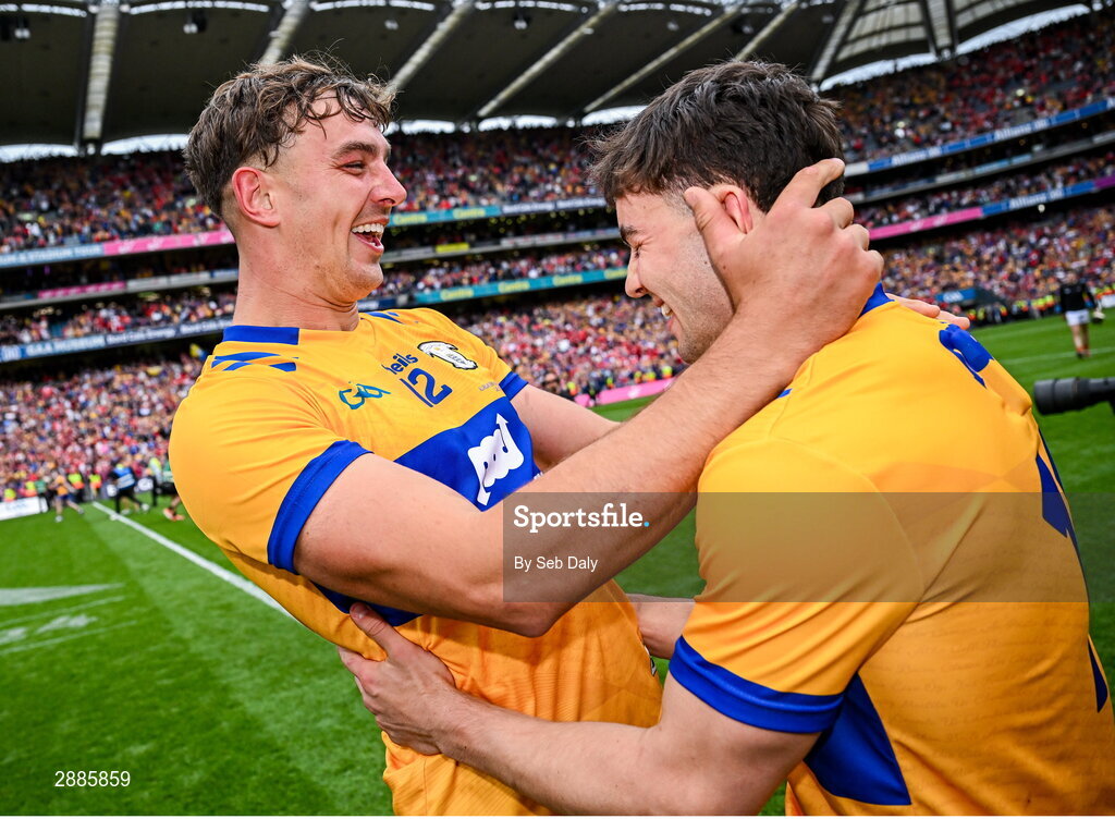 21 July 2024; Clare players Peter Duggan, left, and Mark Rodgers celebrate after their side's victory in the GAA Hurling All-Ireland Senior Championship Final match between Clare and Cork at Croke Park in Dublin. Photo by Seb Daly/Sportsfile