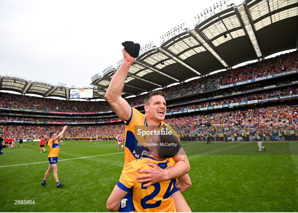 21 July 2024; John Conlon and Ian Galvin, 24, of Clare celebrate after the GAA Hurling All-Ireland Senior Championship Final between Clare and Cork at Croke Park in Dublin. Photo by Stephen McCarthy/Sportsfile