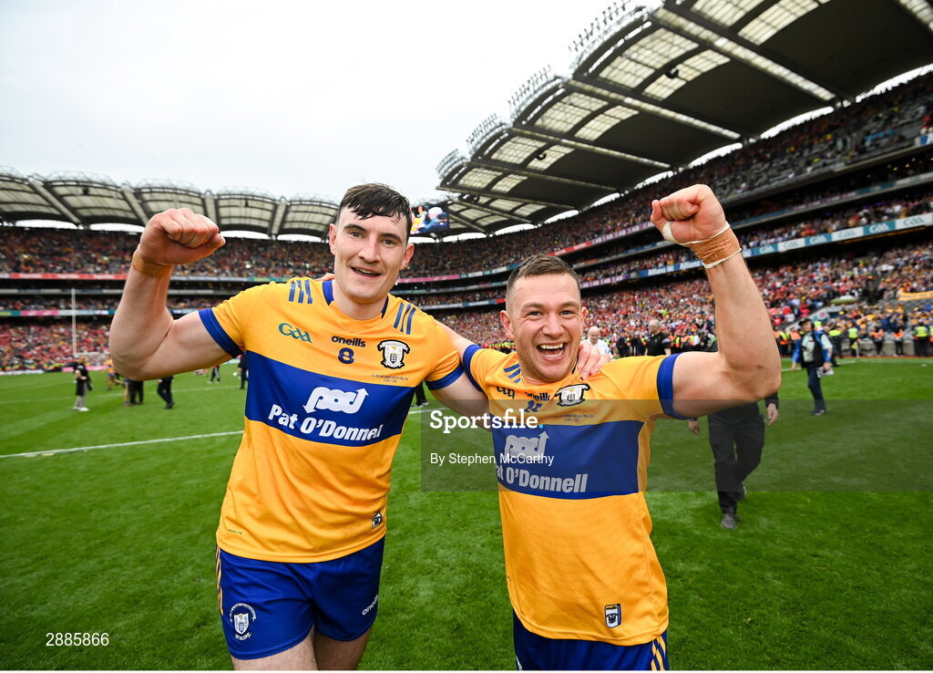 21 July 2024; David Fitzgerald, left, and David Reidy of Clare celebrate after the GAA Hurling All-Ireland Senior Championship Final between Clare and Cork at Croke Park in Dublin. Photo by Stephen McCarthy/Sportsfile