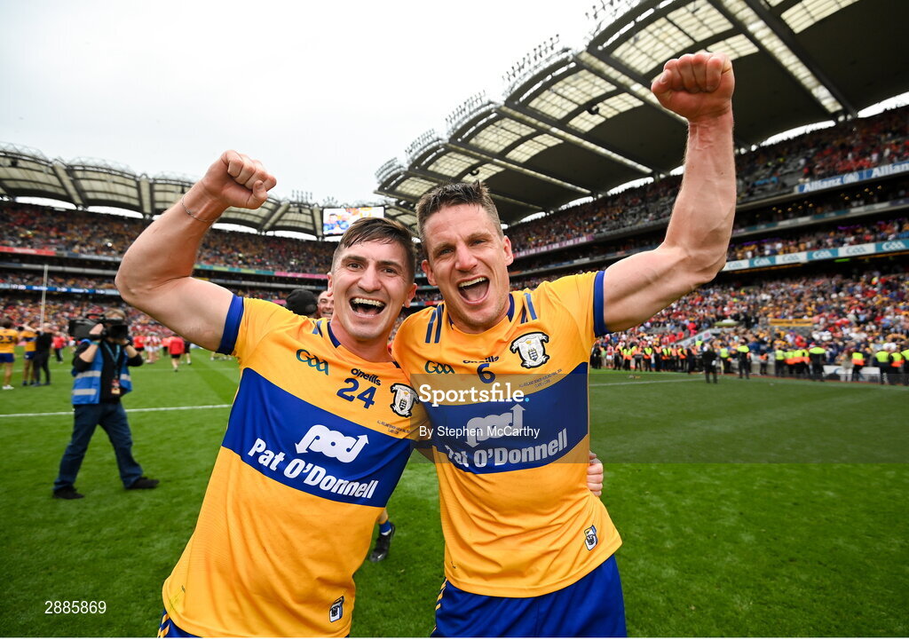 21 July 2024; Ian Galvin, left, and John Conlon of Clare celebrate after the GAA Hurling All-Ireland Senior Championship Final between Clare and Cork at Croke Park in Dublin. Photo by Stephen McCarthy/Sportsfile