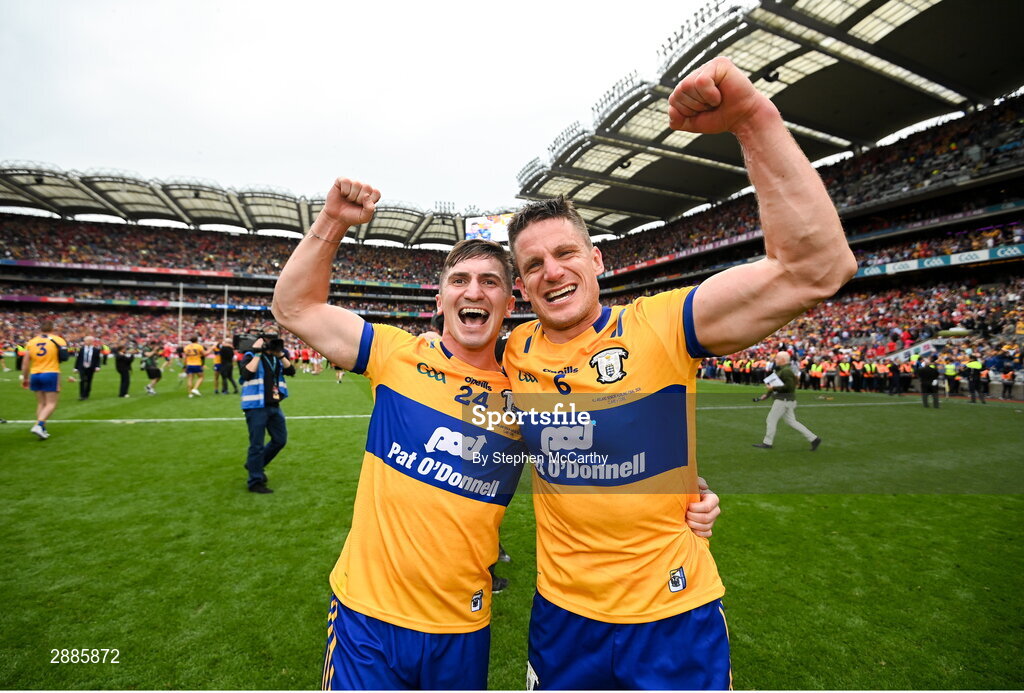 21 July 2024; Ian Galvin, left, and John Conlon of Clare celebrate after the GAA Hurling All-Ireland Senior Championship Final between Clare and Cork at Croke Park in Dublin. Photo by Stephen McCarthy/Sportsfile
