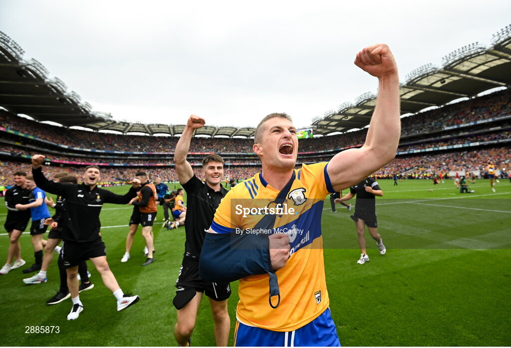 21 July 2024; Conor Cleary of Clare celebrates after the GAA Hurling All-Ireland Senior Championship Final between Clare and Cork at Croke Park in Dublin. Photo by Stephen McCarthy/Sportsfile