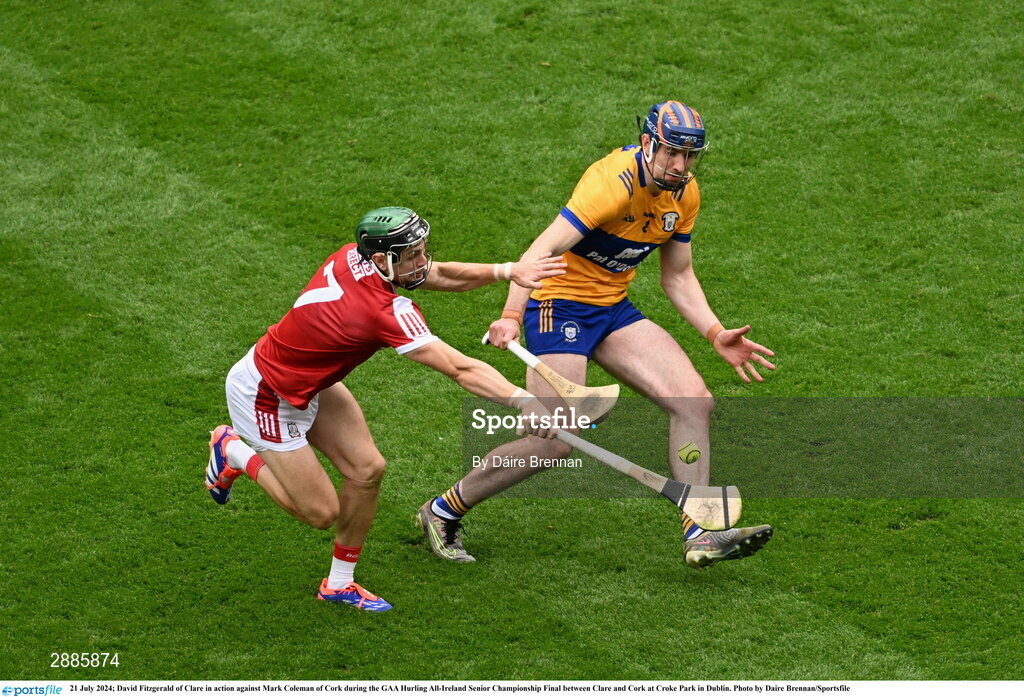 21 July 2024; David Fitzgerald of Clare in action against Mark Coleman of Cork during the GAA Hurling All-Ireland Senior Championship Final between Clare and Cork at Croke Park in Dublin. Photo by Daire Brennan/Sportsfile