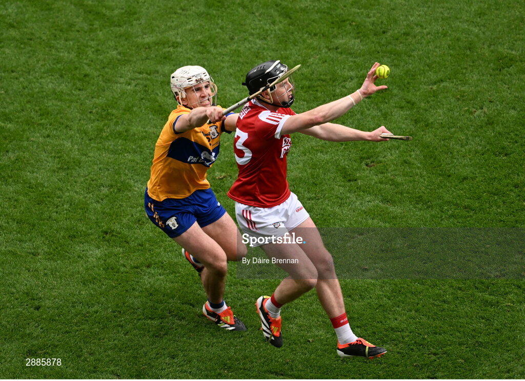 21 July 2024; Jack O'Connor of Cork in action against Adam Hogan of Clare during the GAA Hurling All-Ireland Senior Championship Final between Clare and Cork at Croke Park in Dublin. Photo by Daire Brennan/Sportsfile