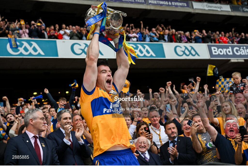 21 July 2024; Clare captain Tony Kelly lifts the Liam MacCarthy cup after his side's victory in the GAA Hurling All-Ireland Senior Championship Final match between Clare and Cork at Croke Park in Dublin. Photo by Ray McManus/Sportsfile