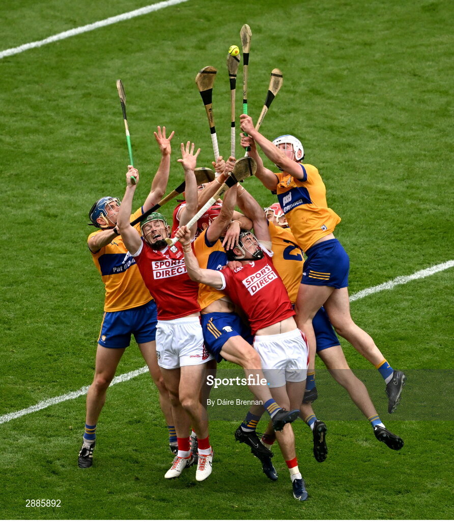 21 July 2024; Cork players, left to right, Robbie O'Flynn, Brian Hayes, and Darragh Fitzgibbon in action against Clare players, left to right, David McInerney, John Conlon, Darragh Lohan, and Diarmuid Ryan, during the GAA Hurling All-Ireland Senior Championship Final between Clare and Cork at Croke Park in Dublin. Photo by Daire Brennan/Sportsfile