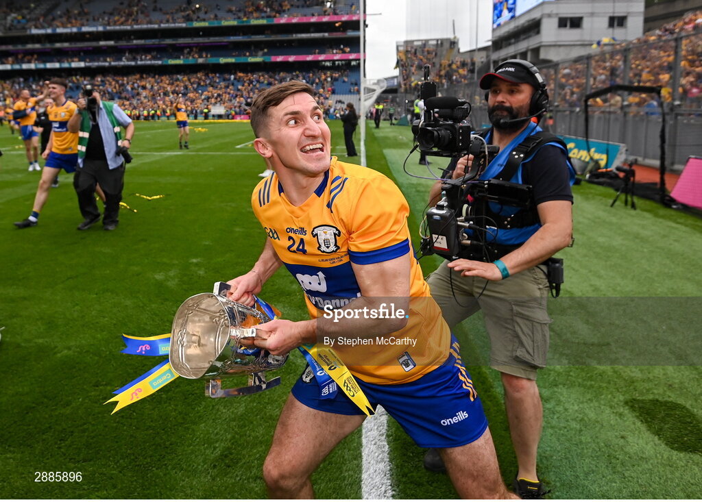 21 July 2024; Ian Galvin of Clare celebrates with the Liam MacCarthy cup after the GAA Hurling All-Ireland Senior Championship Final between Clare and Cork at Croke Park in Dublin. Photo by Stephen McCarthy/Sportsfile