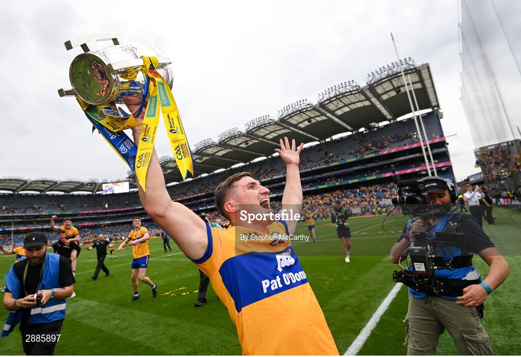 21 July 2024; Ian Galvin of Clare celebrates with the Liam MacCarthy cup after the GAA Hurling All-Ireland Senior Championship Final between Clare and Cork at Croke Park in Dublin. Photo by Stephen McCarthy/Sportsfile