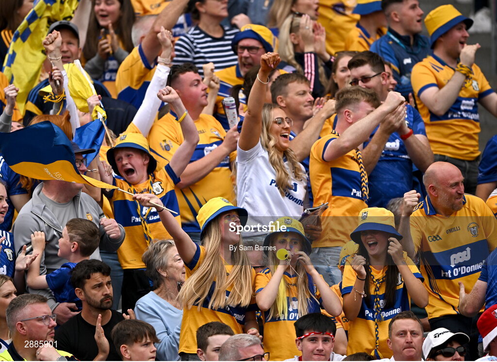 21 July 2024; Clare supporters celebrate a goal during the GAA Hurling All-Ireland Senior Championship Final between Clare and Cork at Croke Park in Dublin. Photo by Sam Barnes/Sportsfile