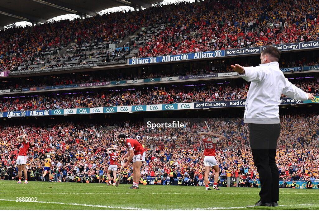 21 July 2024; Cork players react as an umpire Jimmy Barry Murphy signals a wide at the end of extra time during the GAA Hurling All-Ireland Senior Championship Final between Clare and Cork at Croke Park in Dublin. Photo by Sam Barnes/Sportsfile