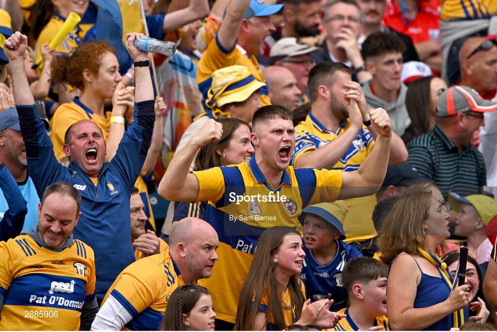 21 July 2024; Clare supporters celebrate a goal during the GAA Hurling All-Ireland Senior Championship Final between Clare and Cork at Croke Park in Dublin. Photo by Sam Barnes/Sportsfile