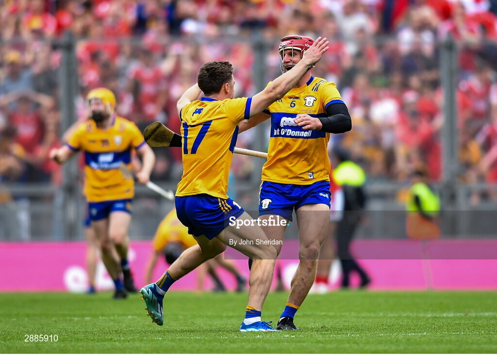 21 July 2024; Clare players, from left, Rory Hayes and John Conlon celebrate at the final whistle after the GAA Hurling All-Ireland Senior Championship Final between Clare and Cork at Croke Park in Dublin. Photo by John Sheridan/Sportsfile