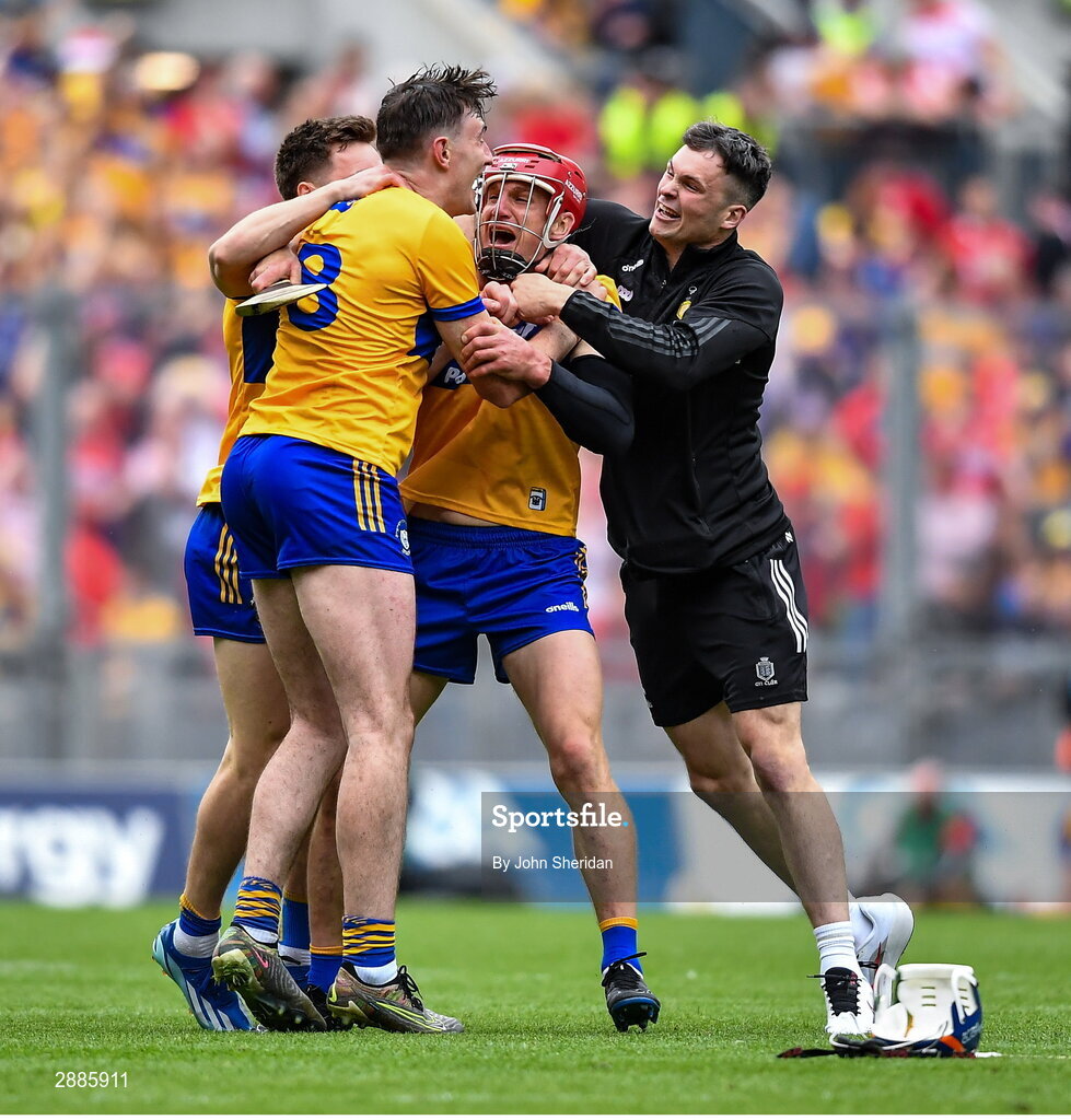 21 July 2024; Clare players, from left, David Fitzgerald, Rory Hayes, John Conlon and Paraic O'Loughlin after the GAA Hurling All-Ireland Senior Championship Final between Clare and Cork at Croke Park in Dublin.  Photo by John Sheridan/Sportsfile