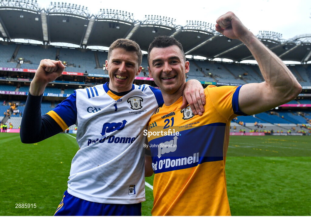 21 July 2024; Clare players, from left, Eibhear Quilligan and Ryan Taylor celebrate after the GAA Hurling All-Ireland Senior Championship Final between Clare and Cork at Croke Park in Dublin. Photo by John Sheridan/Sportsfile