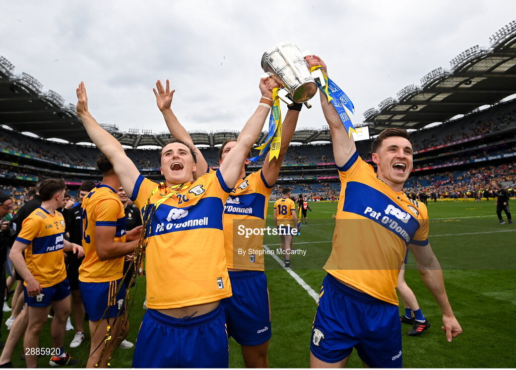 21 July 2024; Darragh Lohan and Rory Hayes, right, of Clare celebrate with the Liam MacCarthy cup after the GAA Hurling All-Ireland Senior Championship Final between Clare and Cork at Croke Park in Dublin. Photo by Stephen McCarthy/Sportsfile