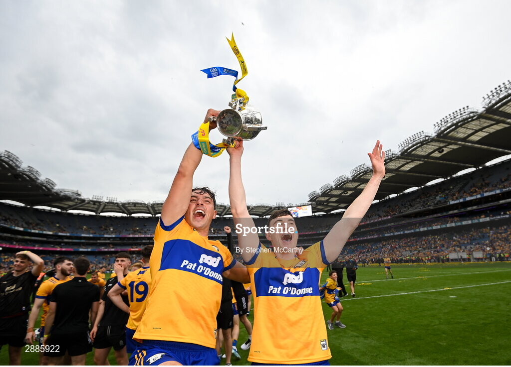 21 July 2024; Peter Duggan, left, and David Fitzgerald of Clare celebrate with the Liam MacCarthy cup after the GAA Hurling All-Ireland Senior Championship Final between Clare and Cork at Croke Park in Dublin. Photo by Stephen McCarthy/Sportsfile