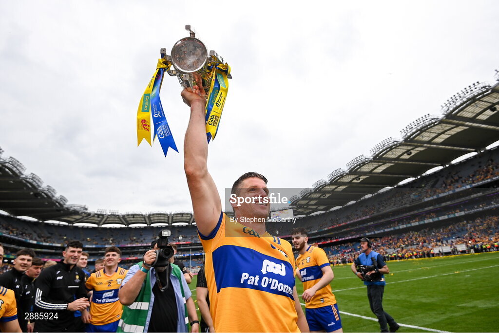 21 July 2024; John Conlon of Clare celebrates with the Liam MacCarthy cup after the GAA Hurling All-Ireland Senior Championship Final between Clare and Cork at Croke Park in Dublin. Photo by Stephen McCarthy/Sportsfile