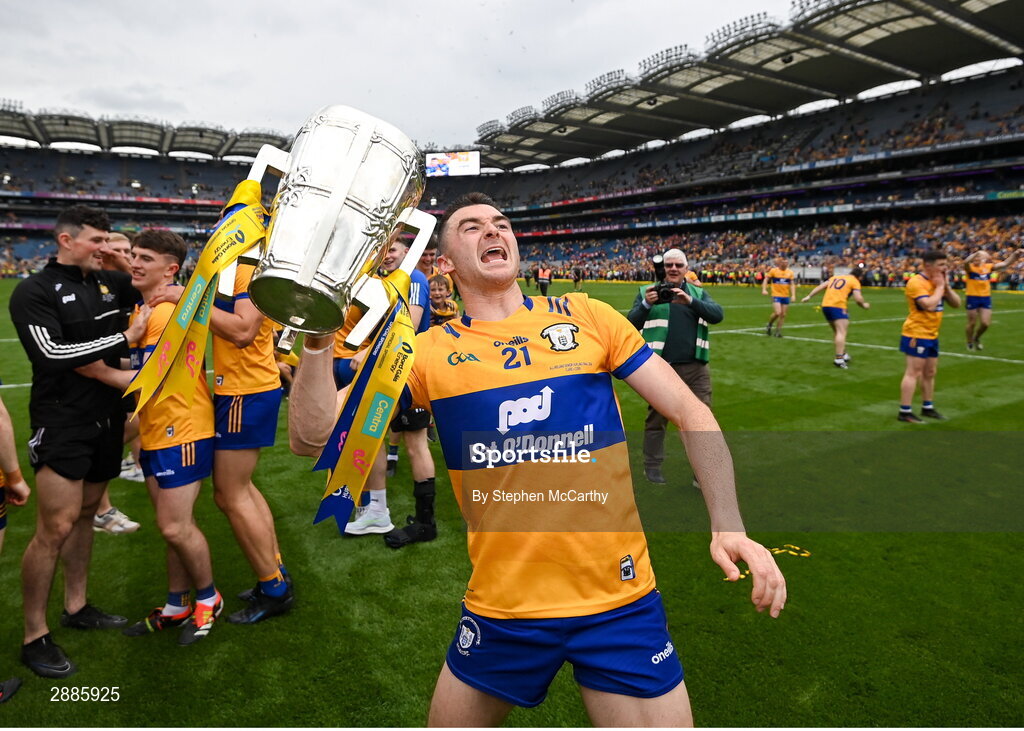 21 July 2024; Ryan Taylor of Clare celebrates with the Liam MacCarthy cup after the GAA Hurling All-Ireland Senior Championship Final between Clare and Cork at Croke Park in Dublin. Photo by Stephen McCarthy/Sportsfile