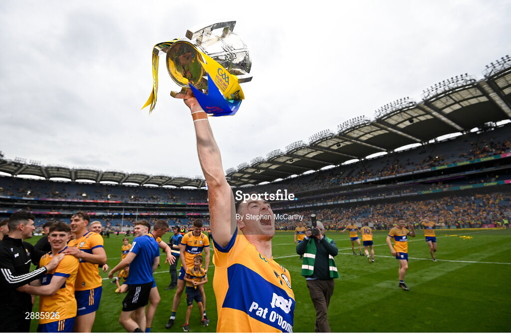 21 July 2024; Ryan Taylor of Clare celebrates with the Liam MacCarthy cup after the GAA Hurling All-Ireland Senior Championship Final between Clare and Cork at Croke Park in Dublin. Photo by Stephen McCarthy/Sportsfile
