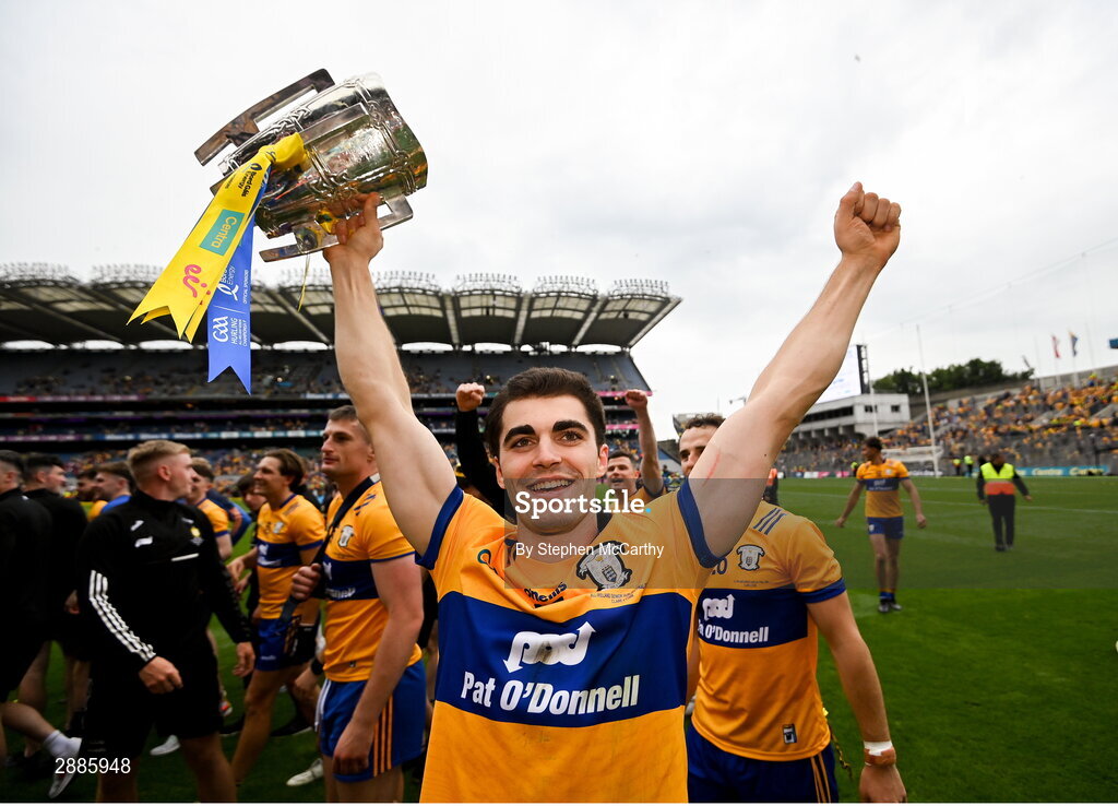 21 July 2024; Aidan McCarthy of Clare celebrates with the Liam MacCarthy cup after the GAA Hurling All-Ireland Senior Championship Final between Clare and Cork at Croke Park in Dublin. Photo by Stephen McCarthy/Sportsfile