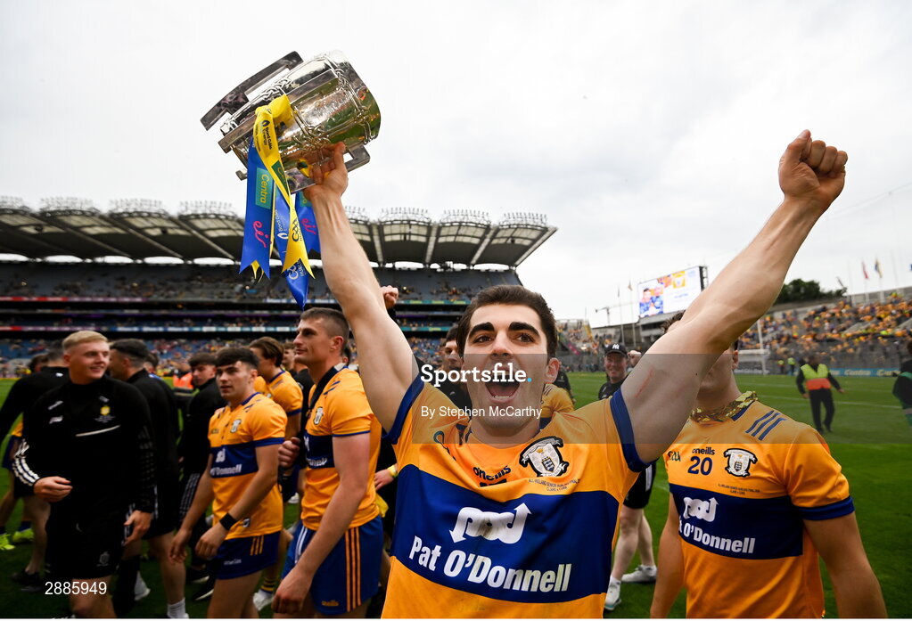 21 July 2024; Aidan McCarthy of Clare celebrates with the Liam MacCarthy cup after the GAA Hurling All-Ireland Senior Championship Final between Clare and Cork at Croke Park in Dublin. Photo by Stephen McCarthy/Sportsfile