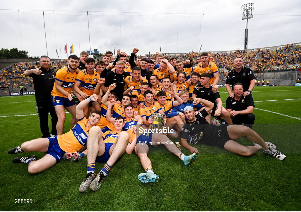 21 July 2024; Clare players celebrate with the Liam MacCarthy cup after winning the GAA Hurling All-Ireland Senior Championship Final between Clare and Cork at Croke Park in Dublin. Photo by Stephen McCarthy/Sportsfile