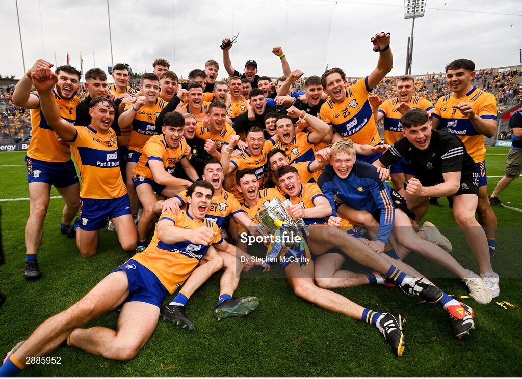 21 July 2024; Clare players celebrate with the Liam MacCarthy cup after winning the GAA Hurling All-Ireland Senior Championship Final between Clare and Cork at Croke Park in Dublin. Photo by Stephen McCarthy/Sportsfile