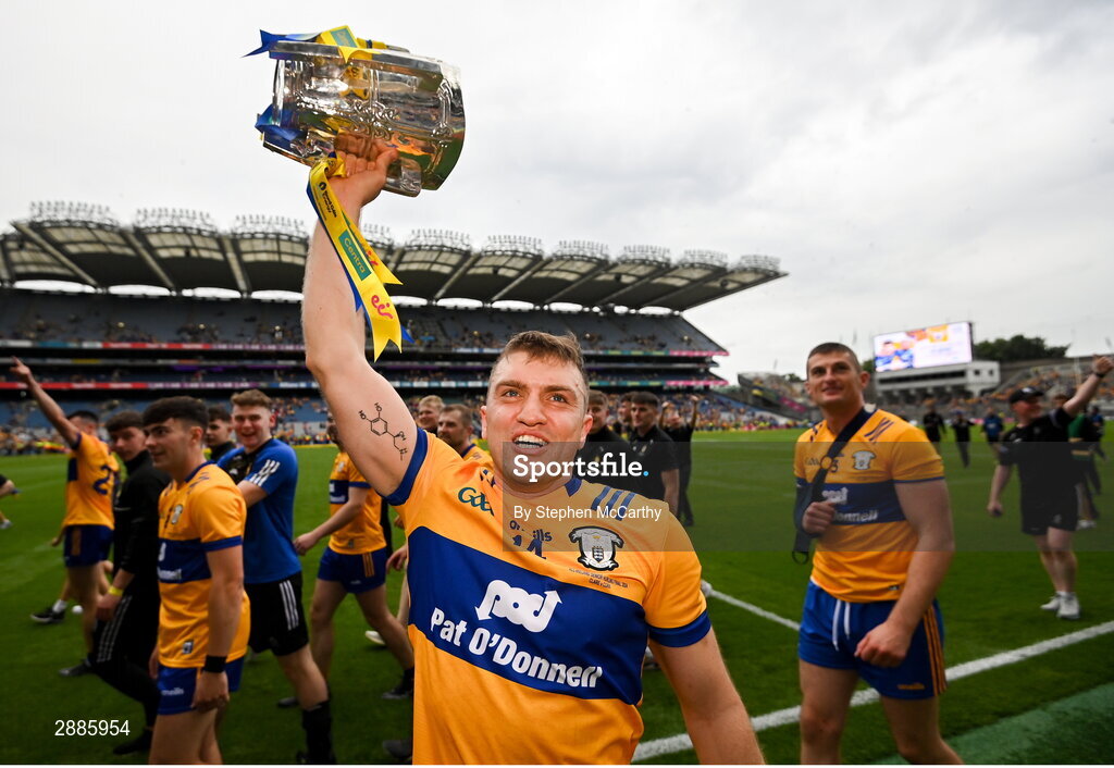 21 July 2024; Shane O'Donnell of Clare celebrates with the Liam MacCarthy cup during the GAA Hurling All-Ireland Senior Championship Final between Clare and Cork at Croke Park in Dublin. Photo by Stephen McCarthy/Sportsfile