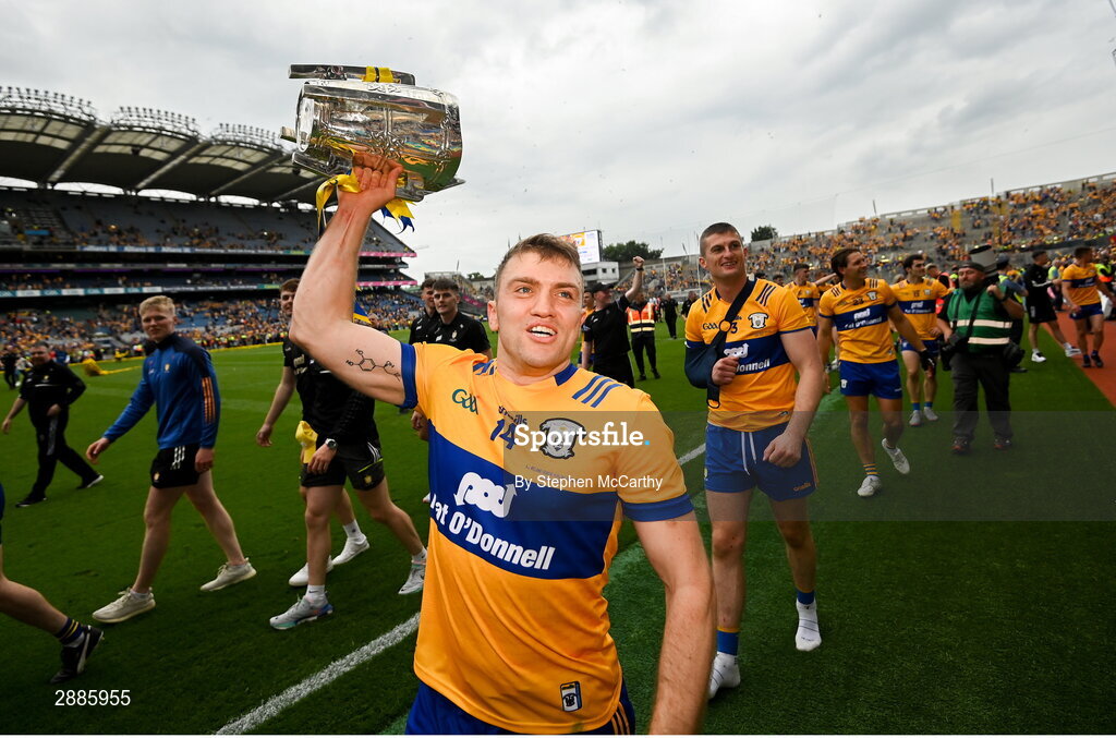 21 July 2024; Shane O'Donnell of Clare celebrates with the Liam MacCarthy cup during the GAA Hurling All-Ireland Senior Championship Final between Clare and Cork at Croke Park in Dublin. Photo by Stephen McCarthy/Sportsfile