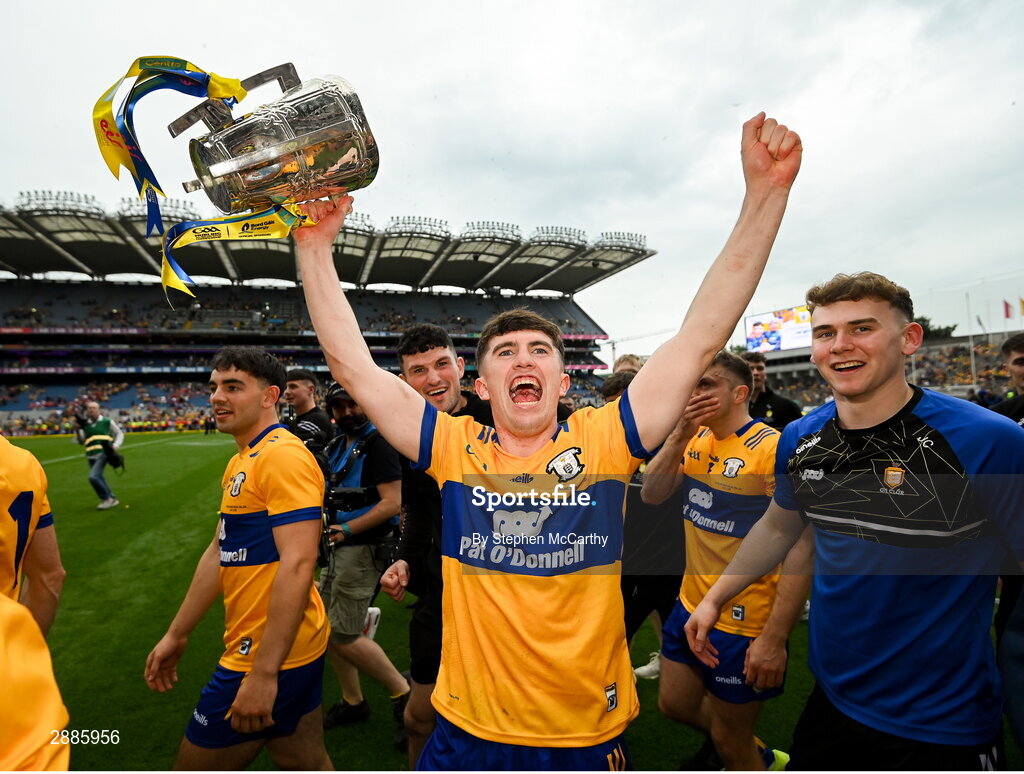 21 July 2024; Adam Hogan of Clare celebrates with the Liam MacCarthy cup during the GAA Hurling All-Ireland Senior Championship Final between Clare and Cork at Croke Park in Dublin. Photo by Stephen McCarthy/Sportsfile