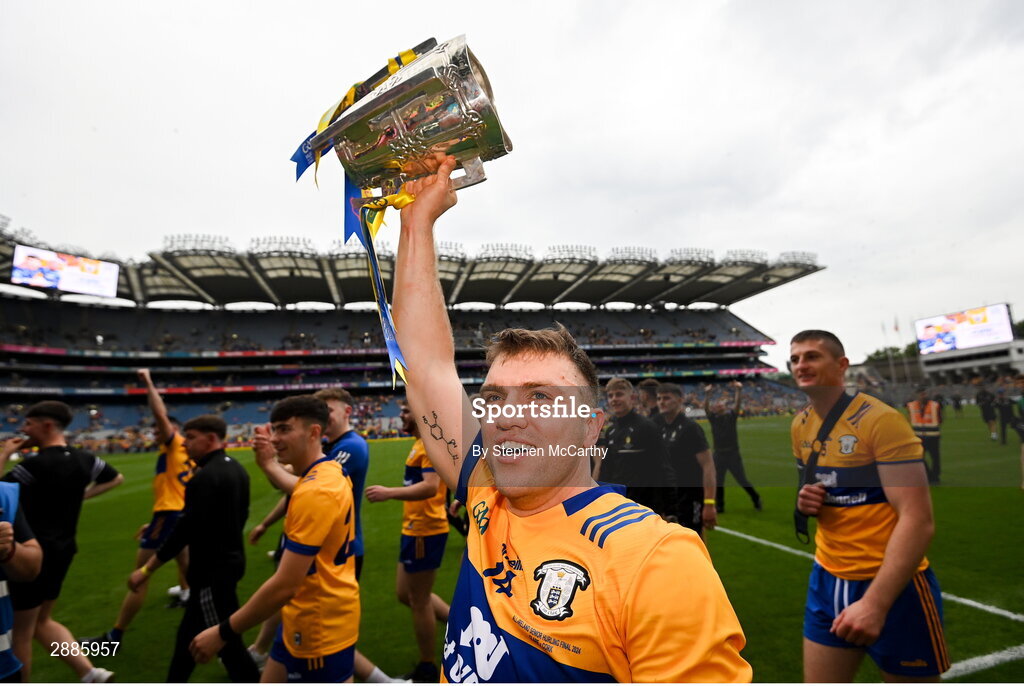 21 July 2024; Shane O'Donnell of Clare celebrates with the Liam MacCarthy cup during the GAA Hurling All-Ireland Senior Championship Final between Clare and Cork at Croke Park in Dublin. Photo by Stephen McCarthy/Sportsfile